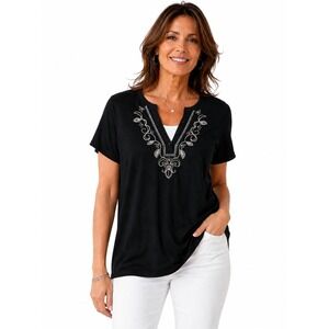 White Stag Embroidered Top Womens 1X Black V-Neck Short Sleeve Boho Tee